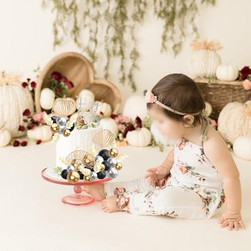 57Pcs Purple Balls Cake Topper Boho Grass Cake topper Pearl Balls Acrylic Happy Birthday Cake Decorations for Wedding Baby Shower Birthday Boho Themed Party Supplies Black Gold Silver (Black Gold Silver)