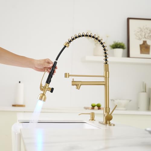 Commercial Kitchen Faucets with Pull Down Sprayer Brushed Gold LED (Brushed Gold)