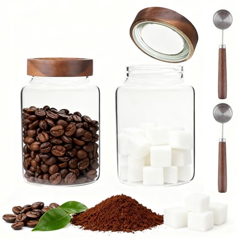 60 oz Glass Coffee Jars with Wooden Airtight Lid Spoon Clear Herb Ground Canister Round Food Storage Container for Sugar Pantry Flours Tea Coffee Bean Spice Cookies (1800ml/60oz-2PACK（with spoon))