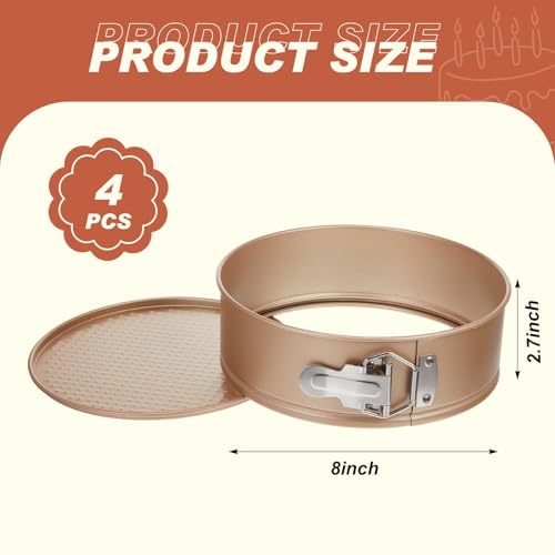 4 Pcs 8 Inch Non Stick Springform Pan with Removable Bottom Carbon Steel Round Springform Cheesecake Pan with Stainless Steel Spring Buckles for Baking Kitchens Restaurant (Champagne Gold / 8 Inch)