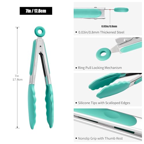 Kitchen Tongs with Silicone Tips for Cooking Serving (7in / Aqua Sky)
