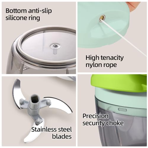 Manual Food Processor Vegetable Chopper 2.3 Cup Small Mini Hand Pull String Onion Chopper Garlic Mincer Cutter with 3 Stainless Steel Blades (Green - 2.3 Cup)