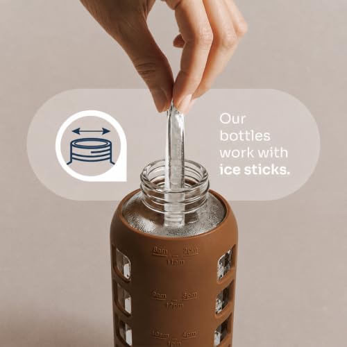 40oz / 32oz / 22oz / 12oz Borosilicate Glass Water Bottle with Time & Volume Markers, Silicone Sleeve, Stainless Steel Lid | Reusable Glass Bottle for Water & Juice (22oz Earth Brown) (Earth Brown / 22 Ounces)