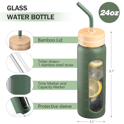 24oz Glass Water Bottle with Straw and 2 Lids (Olive / 24 Ounces)