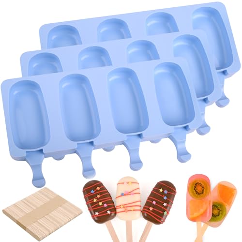 3 Pack Large Silicone Popsicle Molds with 150 Pcs Wooden Sticks (3 Pcs Large - Blue)