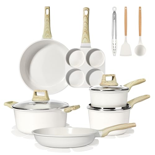 Ceramic Pots and Pans Set Non Stick (Cream White / 17 Pieces)
