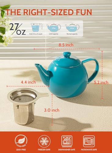 Teapot Porcelain Tea Pot with Stainless Steel Infuser (Steel blue / 27oz (with infuser))