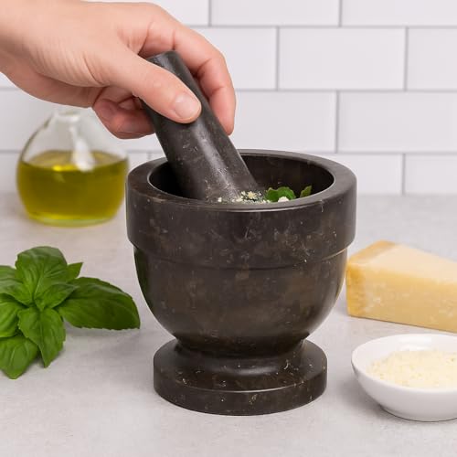 Natural Charcoal Marble Mortar & Pestle (Dark Gray / 5.9" Diam. x 5.75" H)