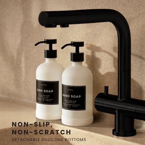Hand and Dish Soap Dispenser for Kitchen and Bathroom (Matte White Bottle / Black Pump)