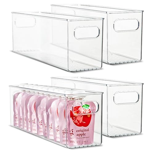 Plastic Food Storage 4 Pack Clear Container Bin with Handles for Organizing Kitchen (16x4x5)