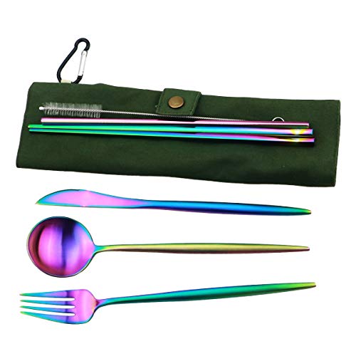 Reusable Travel Utensils (Green Pouch / Rainbow-C)