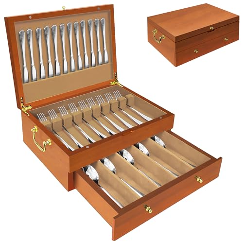 Silverware Storage Box Solid Wood with Lid (Oak / 2 Layer)