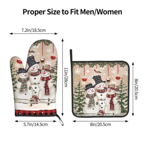 Winter Snowman Oven Mitts and Pot Holder 2Pcs Xmas Tree Kitchen Gloves Potholder Heat Resistant Hot Pad Baking Cooking Grilling Accessories (Winter Snowman Bell)