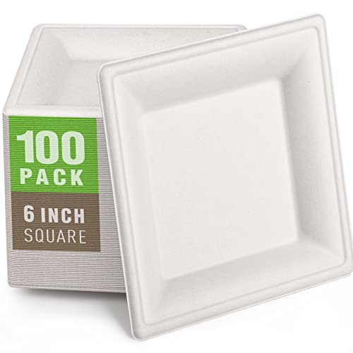 Samll Compostable Square Paper Plates 6 Inch 100 Pack Disposable (White / 6-inch 100 pack)