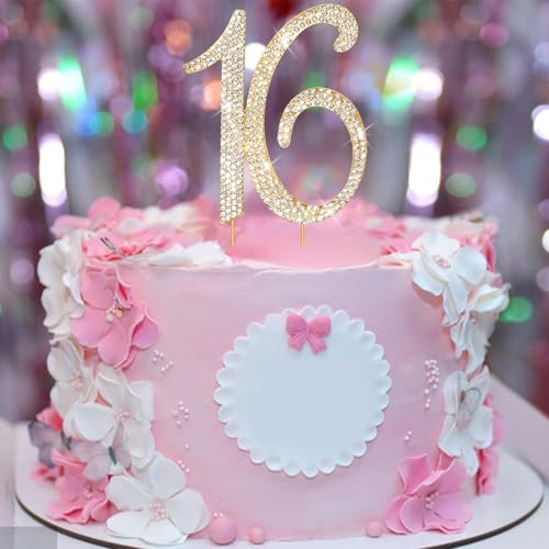 Gold Sweet 16 Cake Topper Rhinestones Birthday Cake Decorations Sweet 16 Party Decorations (16)