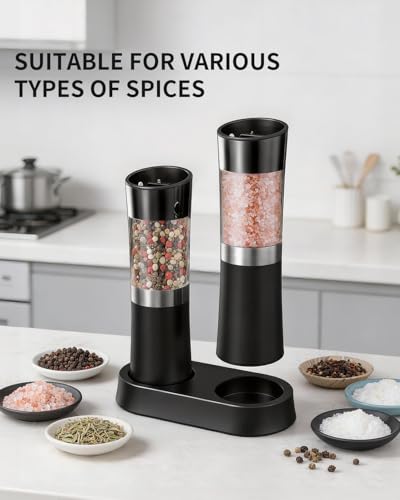 Gravity Sensor Salt and Pepper Grinder Set with Charging Base (Pure Black)