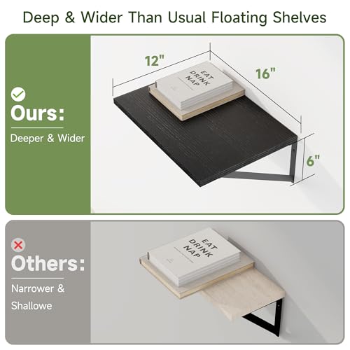 16W x 12D Deep Floating Shelves Set of 4 Black (Black With Black Metal Bracket / 16wx12dx5.8h)