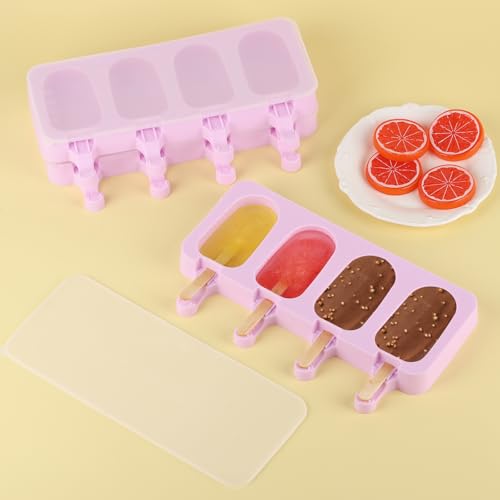 3 Set Violet Samll Popsicles Molds with Lids and 100 Pieces Wooden Popsicles Sticks (Violet / Small Size)