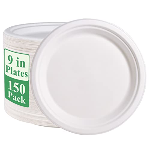 150 Pack Paper Plates 9 inch 100% Compostable (9 in White 150)