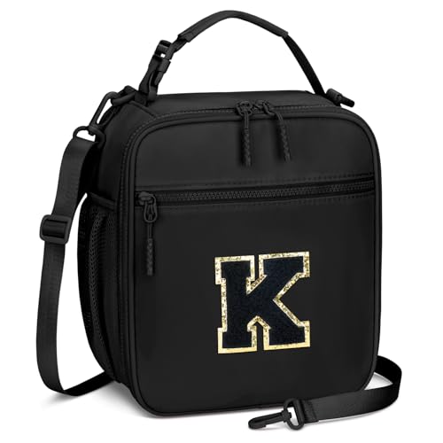 Lunch Box Kids Large Initial Insulated Lunch Bag for Girls (Black / K)