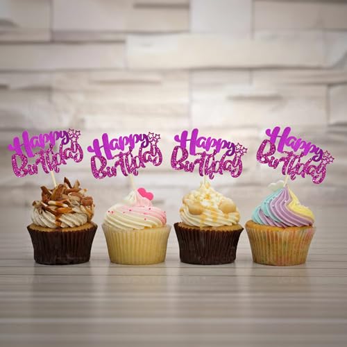 24Pcs Happy Birthday Cupcake Toppers Double Layer Glitter Happy Birthday Cake Decorations for Celebrating Baby Shower Theme Kids Boys Girls Anniversary Party Decorations Supplies Purple (Style 1 / Purple)