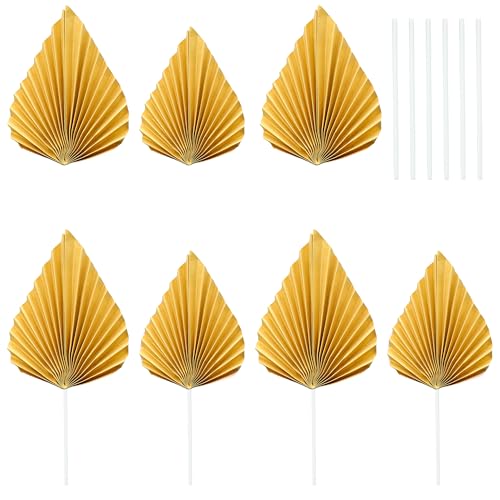 6Pcs Paper Palm Fan Cake Toppers Palm Leaf Fan Cake Topper Palm Spear Leaf Cupcake Toppers Cake Insert Decoration For Cake Decorating Diy Craft Project Home Wedding Party Supplies Gold (Gold)