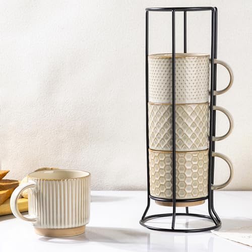 12 OZ Stackable Coffee Mugs Set of 4 (Pale Khaki / 12oz (With Stand))