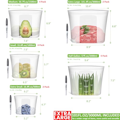 100% Silicone Reusable Storage Bag (Translucent | XL+L+M+S+XS | 16 Pack)