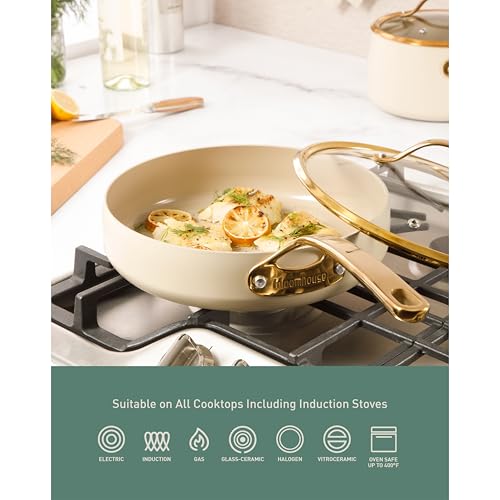 Pots and Pans Set (Almond Cream w/ Gold Handle / 8-Piece Cookware Set)