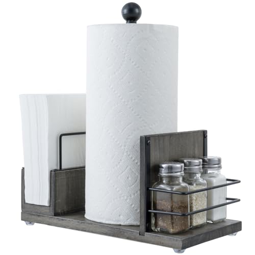 Rustic Gray Wood Paper Towel & Napkin Holder with Spice Rack Holder (Gray Set)