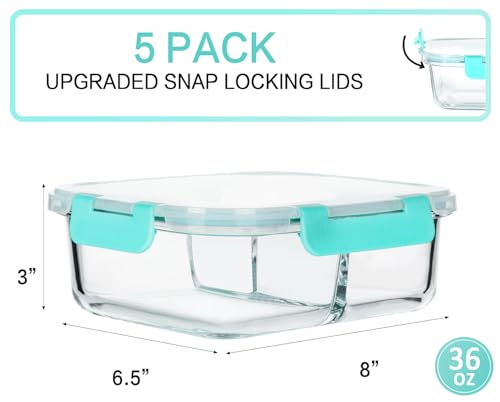 5 Pack,36 oz, 3 Compartments Glass Meal Prep Containers with Lids (Green)
