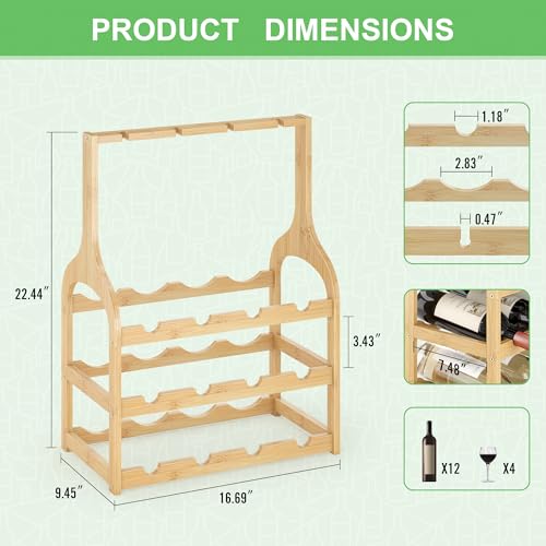Bamboo Wine Rack Countertop (Natural 3-tier With Glass Holder)