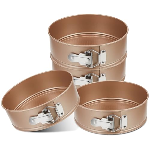 4 Pcs 8 Inch Non Stick Springform Pan with Removable Bottom Carbon Steel Round Springform Cheesecake Pan with Stainless Steel Spring Buckles for Baking Kitchens Restaurant (Champagne Gold / 8 Inch)