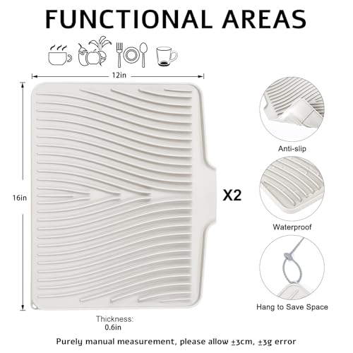 Silicone Dish Drying Mat for Kitchen Counter (Beige-2pcs / 16" x 12")
