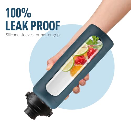 32oz Glass Water Bottle with Straw and 2 Lids (Dark Blue / 32 Ounces)