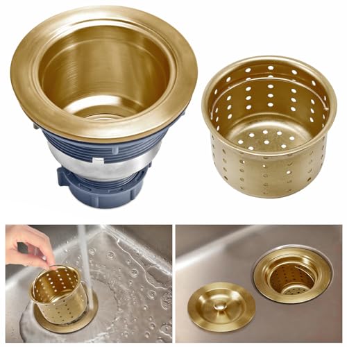 3-1/2 Inch Brass Sink Drain, Durable Stainless Steel Brass Kitchen Sink Drain Assembly Kit with Sink Strainer Waste Basket/Strainer Assembly/Sealing Lid for Standard Kitchen Sink