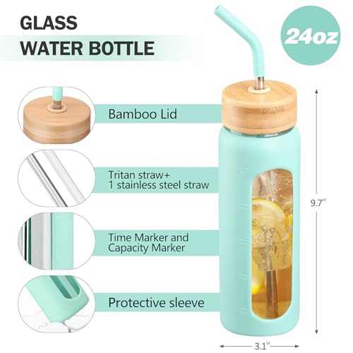 24oz Glass Water Bottle with Straw and 2 Lids (Mint Green / 24 Ounces)