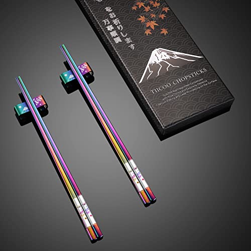 Metal Chopsticks Reusable 2 Pairs Titanium Plated 18 (Rainbow)
