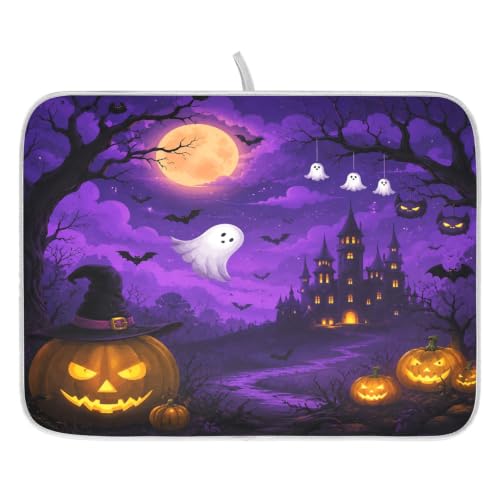 Halloween Scary Night Pumpkin Lanterns Purple Castle Dish Drying Mat for Kitchen Counter Absorbent Microfiber Small Drying Pad Dish mats for Kitchen Countertops 16 x 18 Inch (Halloween Scary Night / 18" x 16")
