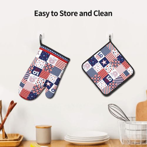 4th of July Patriotic Oven Mitts and Pot Holder Set of 2 Independence Day Heat Resistant Kitchen Gloves Hot Pads for Cooking Grilling BBQ (Patriotic Flag)