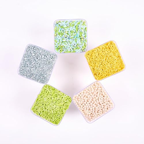 Edible Sprinkles for Cakes & Cupcakes Decoration Assorted pack of 5 Summer Fun Sprinkles Mix White Dragees Green Yellow Blue Jimmies Silver Sparkling Sugar (5 Ounce)
