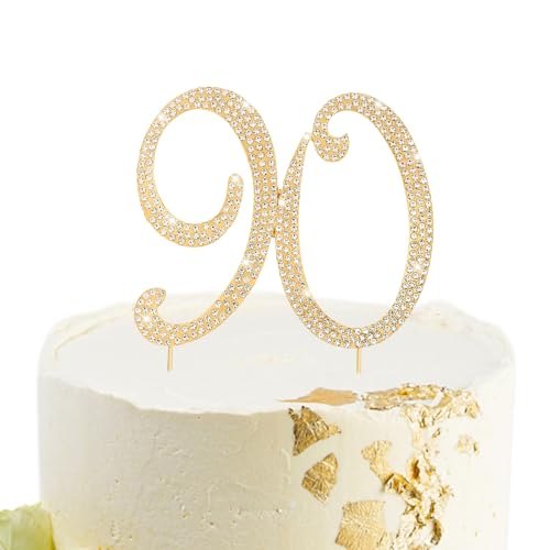 Gold 90th Birthday Cake Topper Rhinestones Cake Decorations for 90th Birthday Party (90th- Gold)