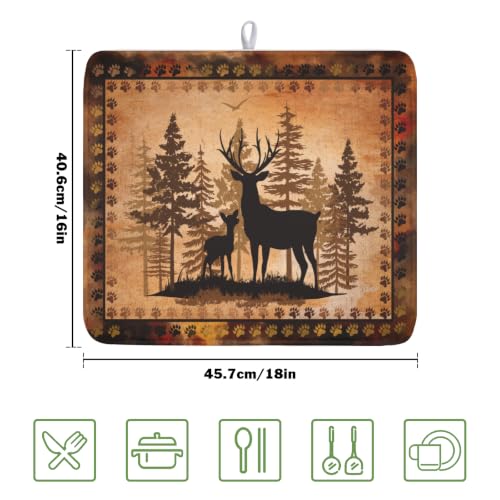 Forest Deer Dish Drying Mat Wildlife Animal Dishes Pad 16"x18" Microfiber Absorbent Fast Dry Drainer Rack Mats for Kitchen Countertop Decor (Forest Deer Brown / 16x18 inch)