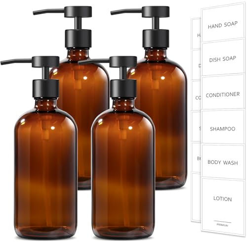 Amber Glass Soap Dispenser (Amber Bottle + Black Flat Pump / 4 Pack)