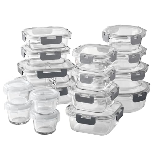 Premium 32 Pc. Borosilicate Glass Food Container Set with Dividers (Ombre Grey)