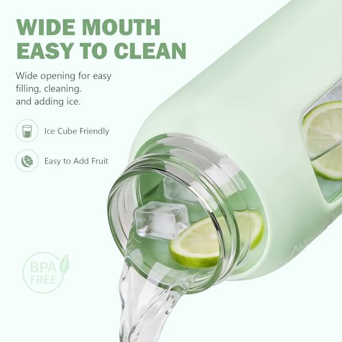 32 oz Glass Water Bottle with Straw and 2 Lids (Light Green / 32 Ounces)