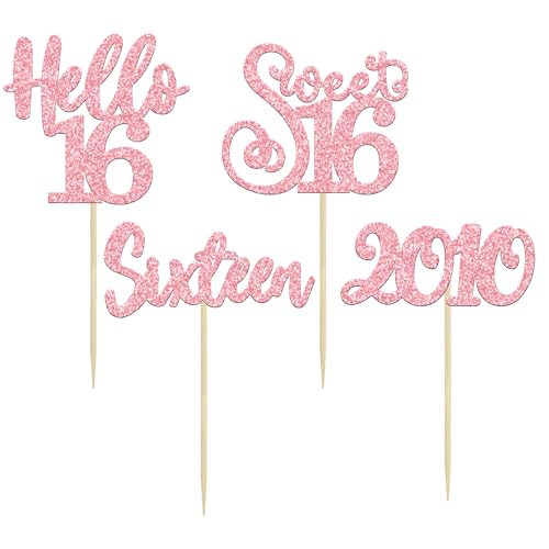 24Pcs Happy 16th Birthday Cupcake Toppers Glitter Hello 16 Sweet 16 Sixteen Years Old Cupcake Picks for Celebrating 16th Birthday Anniversary Party Cake Decorations Supplies Pink (24 Count)