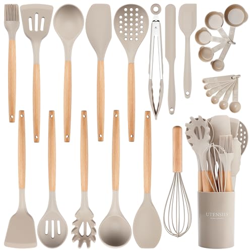 26 Piece Food Grade Silicone Kitchen Utensils Set with Wooden Handles (Khaki-B / 26 Piece)