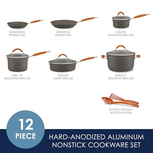 Cucina Nonstick Cookware Pots and Pans Set (Pumpkin Orange / 12 Piece Hard Anodized)