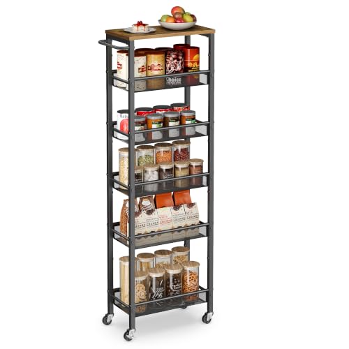 6 Tier Slim Rolling Storage cart with Wheels (Rustic Brown + Matte Black / 6 Tiers (8.7"D x 51.7"H))